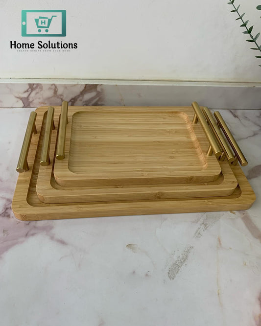 Elegant Bamboo Wood Serving Tray with Luxe Golden Handles