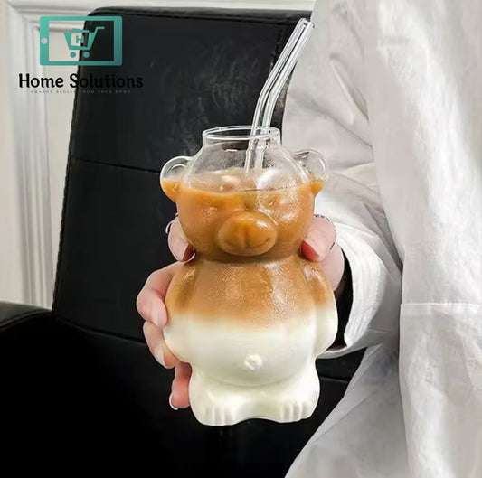 Teddy Bear Shape Borosilicate Glass IceTea/Coffee Tumbler - 410ml