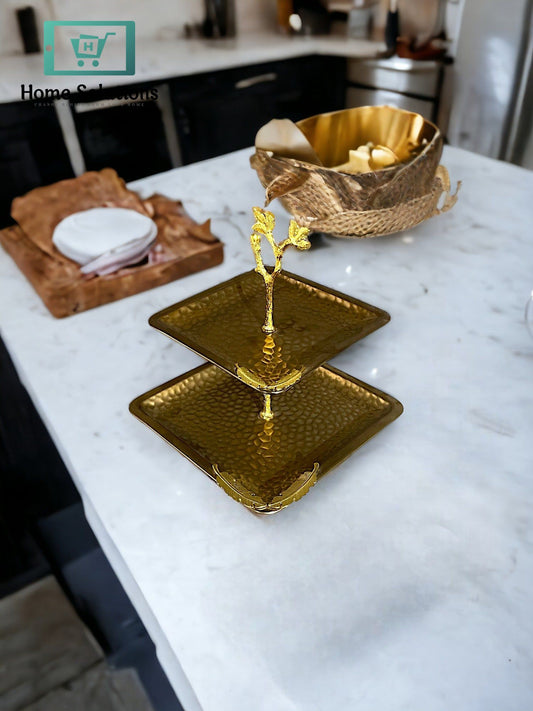 2-Tier Gold Metallic Serving Tray – Elegant Stand for Desserts, Snacks & Decor