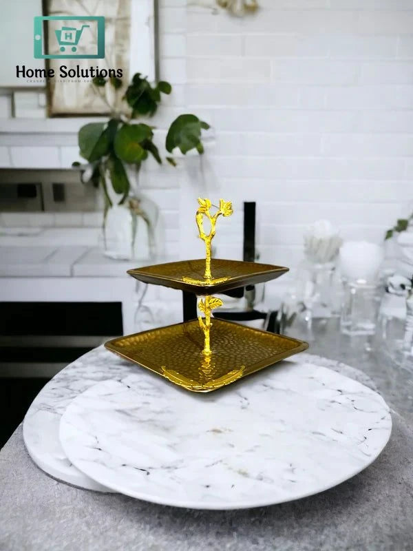 2-Tier Gold Metallic Serving Tray – Elegant Stand for Desserts, Snacks & Decor