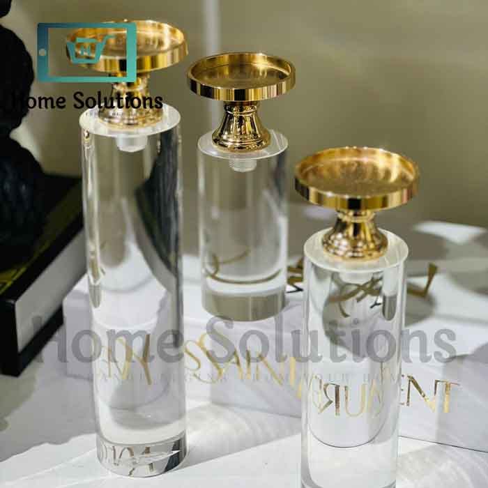 Cylindrical Glass & Gold Pillar Candle Holder Set of 3 - Modern