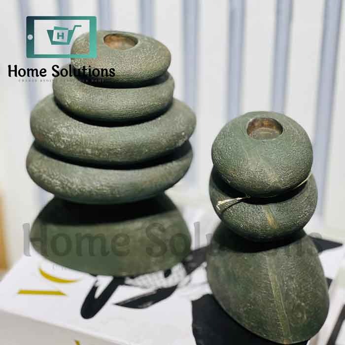 Stacked Stone Candle Holders 3Pcs - Moss Green Decor