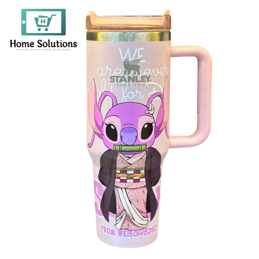 Travel mug with stitch character design on a white background, featuring the brand 'Stanley'.
