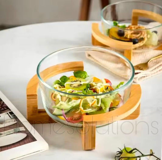 Borosilicate Glass Salad Bowl with Bamboo Stand