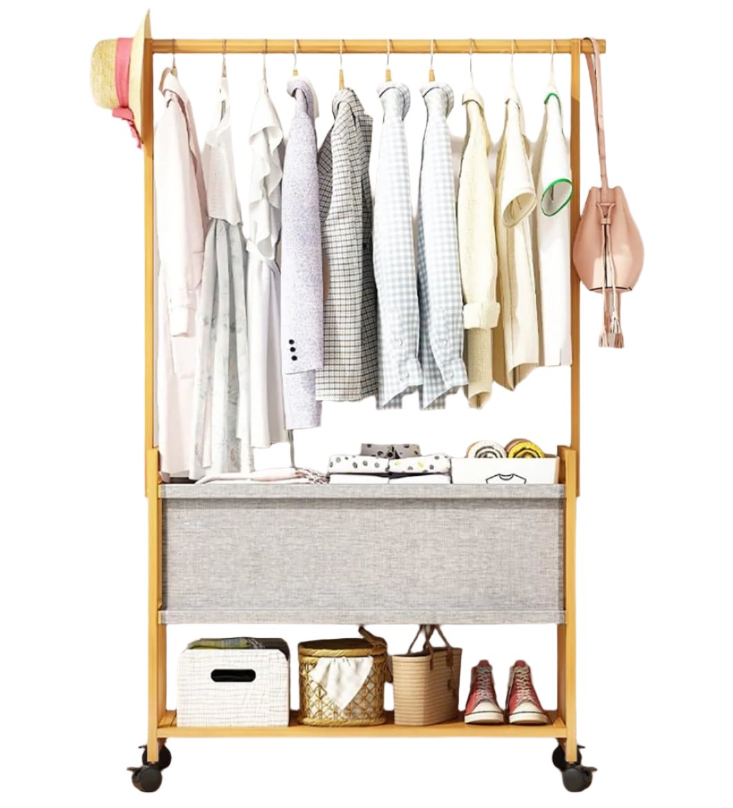 Wooden Coat Rack Stand With Fabric Basket