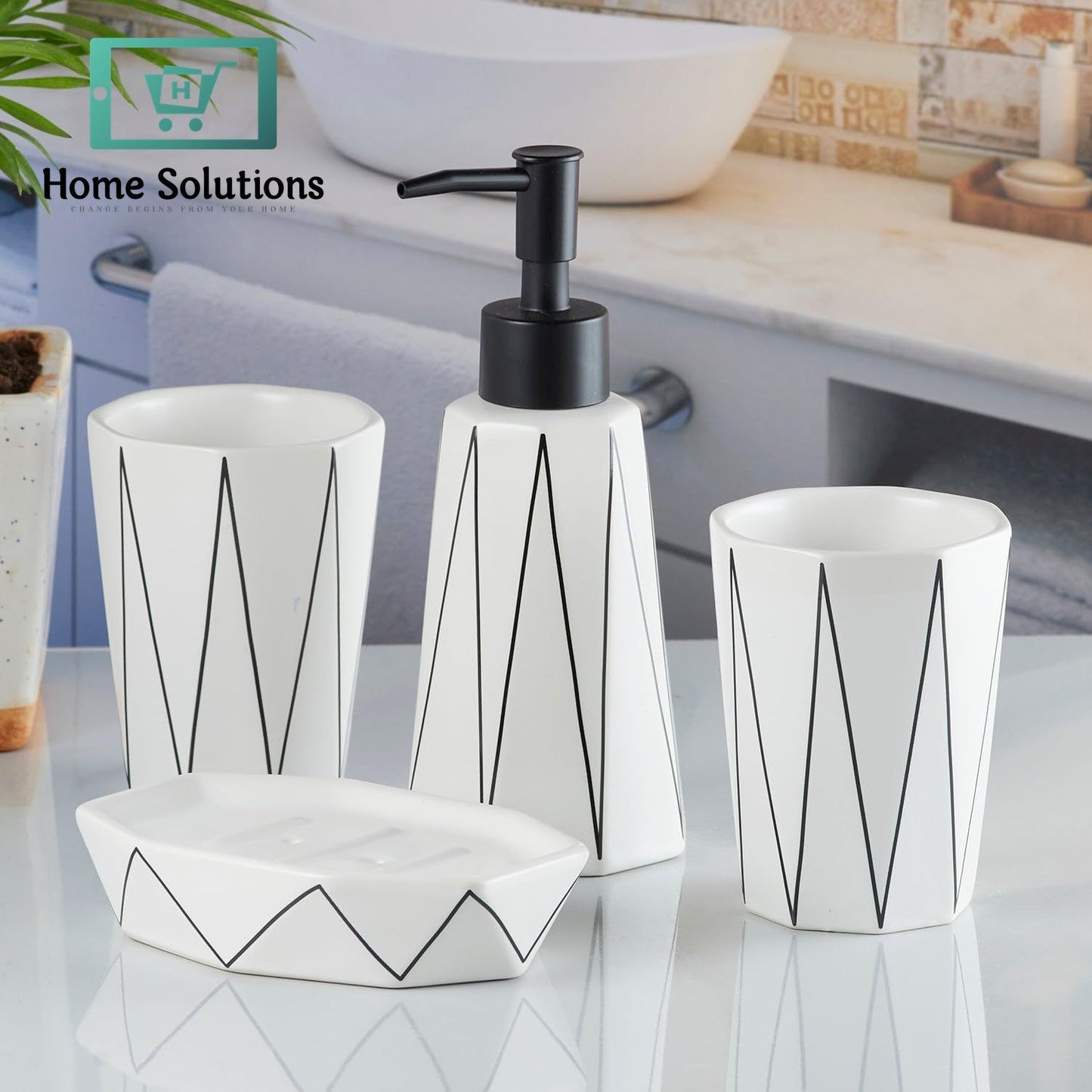 Bathroom Accessories Set of 4 – Modern Bath Set with Soap Dispenser & Toothbrush Holder