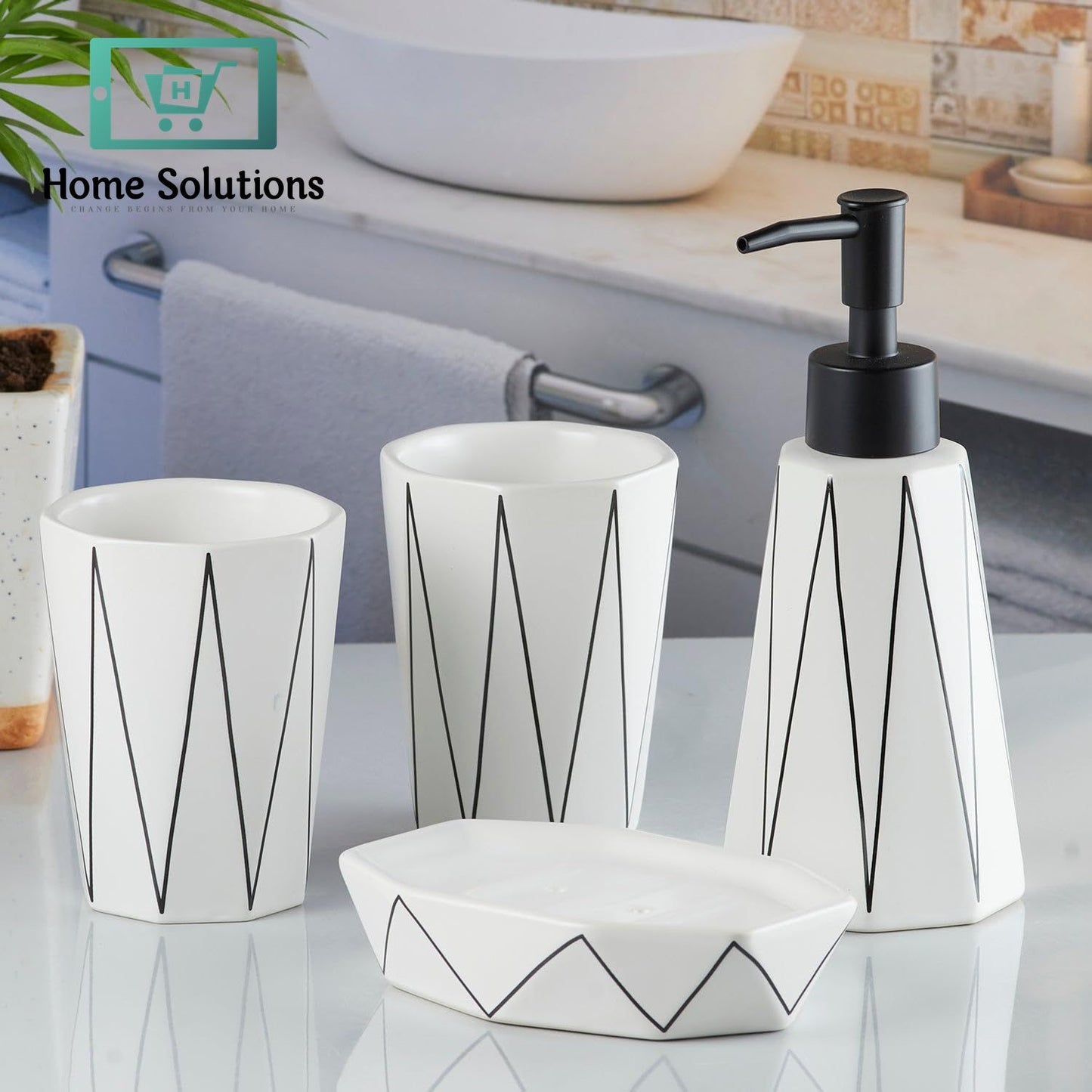 Bathroom Accessories Set of 4 – Modern Bath Set with Soap Dispenser & Toothbrush Holder