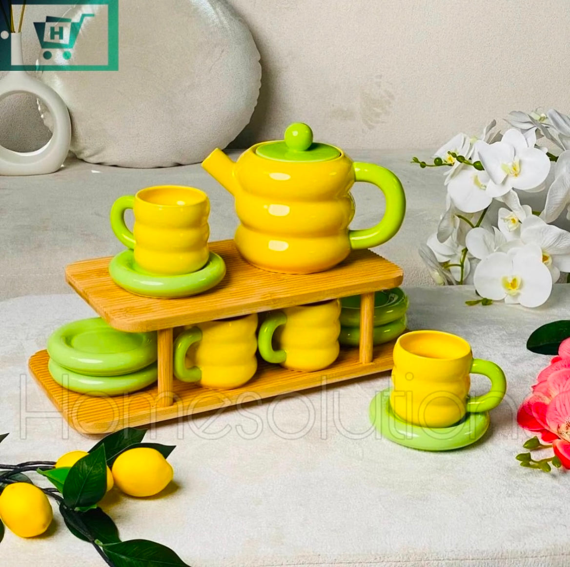 Bumble Gumbel Donut Tea Set with Bamboo Stand - 6 Person Serving