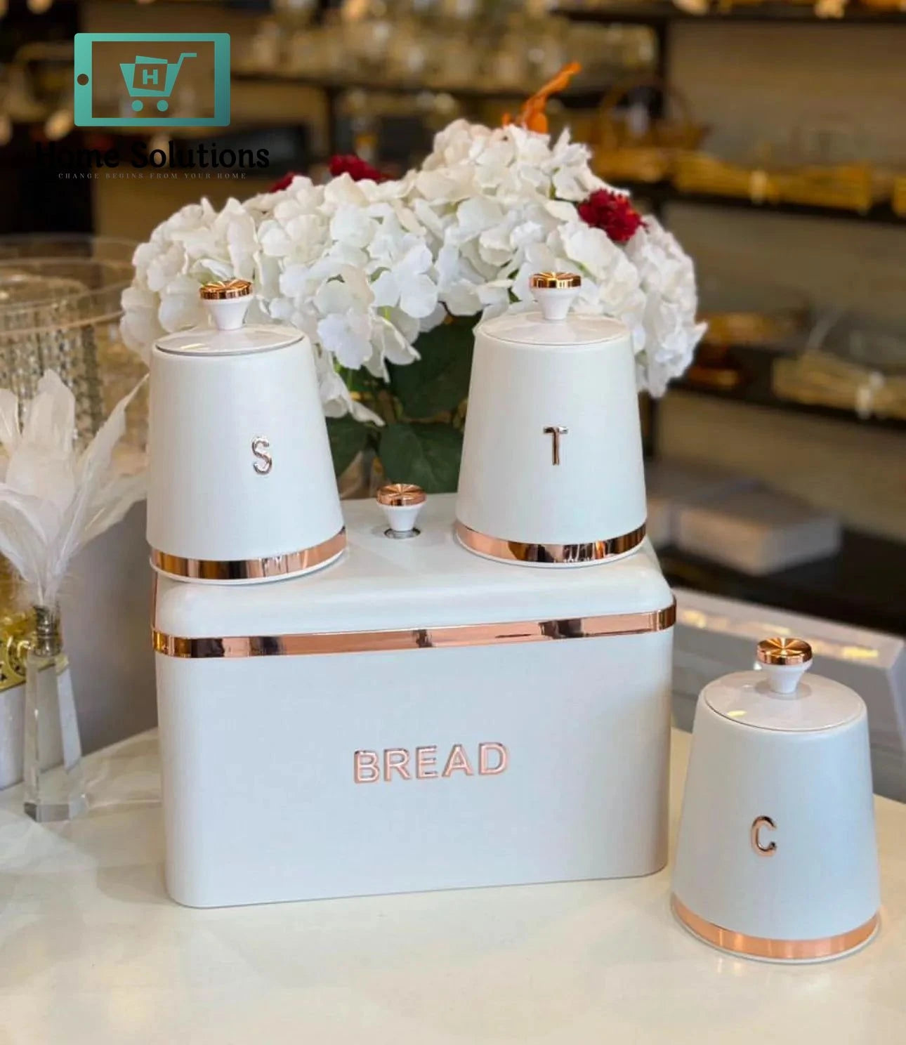 Vintage Bread Box with 3 Canisters Set – Tea Coffee Sugar Storage Jars for Kitchen Counter