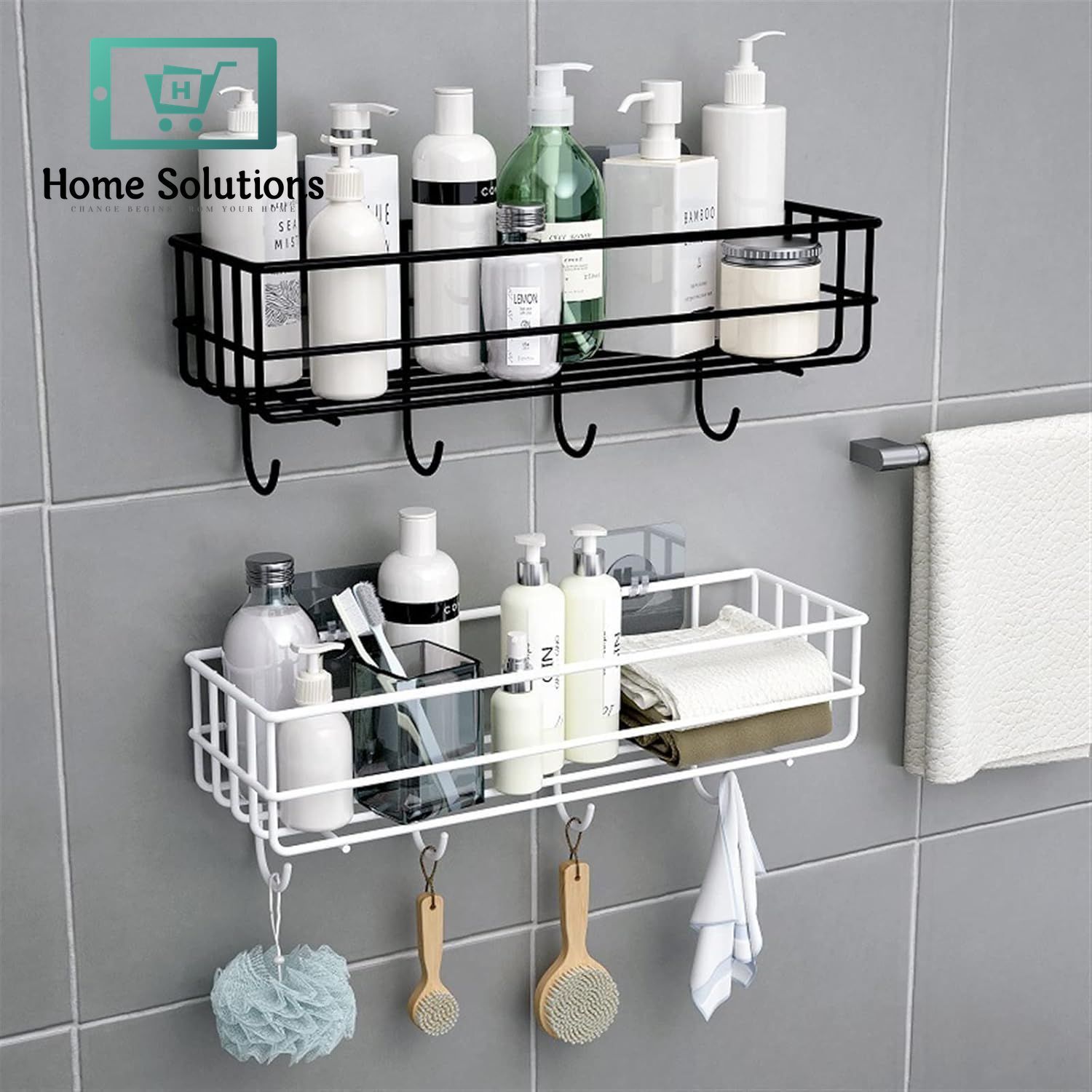 Bathroom shelves with toiletries and cleaning tools on a tiled wall.