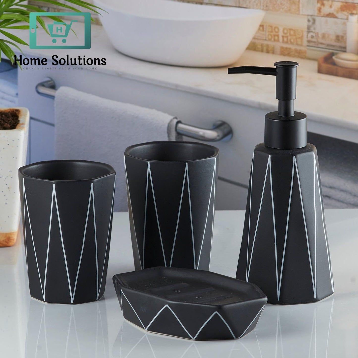 Bathroom Accessories Set of 4 – Modern Bath Set with Soap Dispenser & Toothbrush Holder