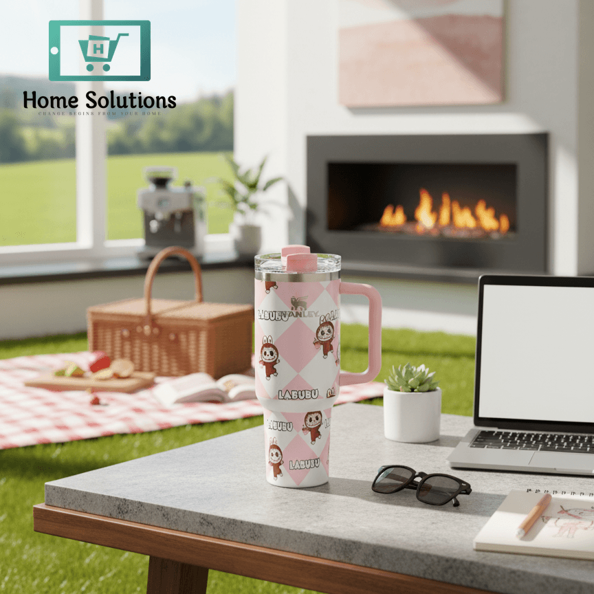 LABUBU Stanley Tumbler 40oz | Pink Checkered Insulated Mug