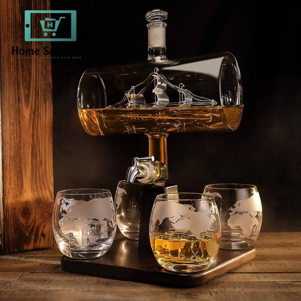 Sailing Ship Design 1000ml Whiskey Decanter Set With 4 Glasses And Beautiful Wooden Stand