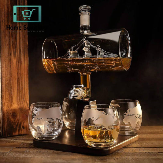 Sailing Ship Design 1000ml Whiskey Decanter Set With 4 Glasses And Beautiful Wooden Stand