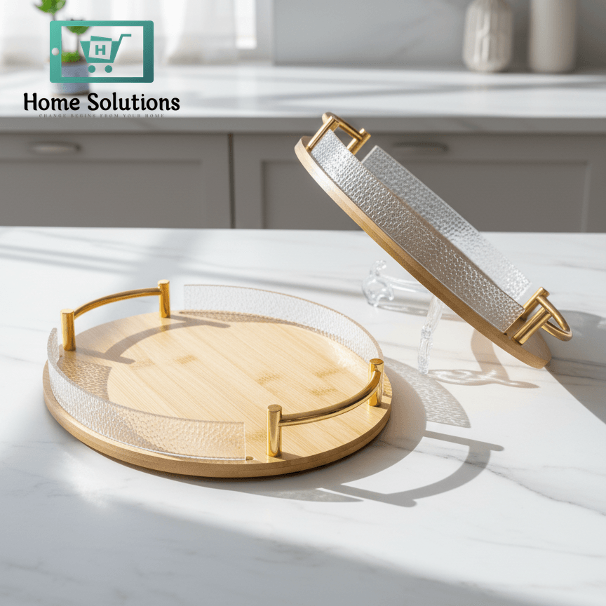 Oval  wooden tray with gold accents on a marble surface