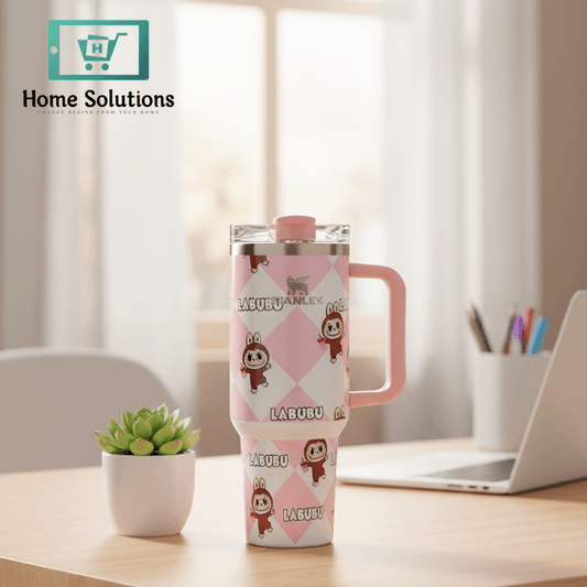 Pink tumbler with cartoon character on a desk with a laptop and plant