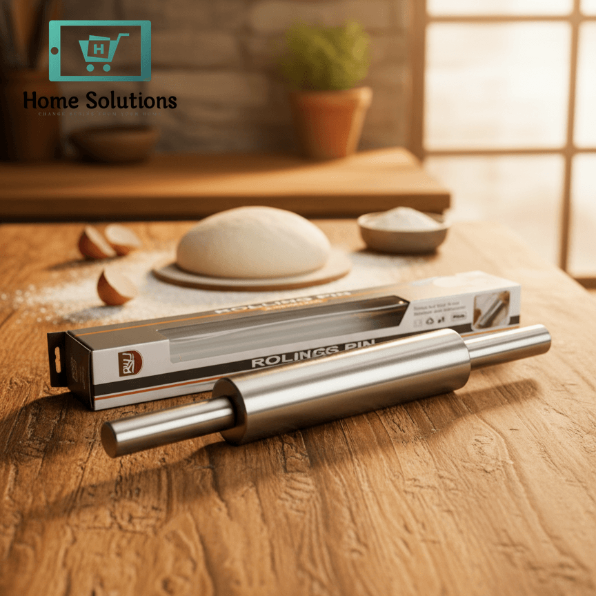 Rolling pin with packaging on a wooden surface in a kitchen setting