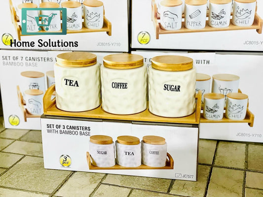 3-Piece Airtight Tea Coffee Sugar Jar Set  With Wood Stand