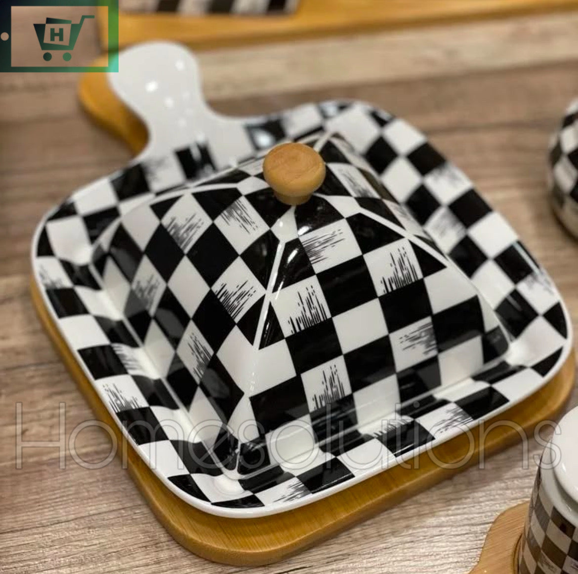 Checkered Square Serving Dish With Bamboo Base