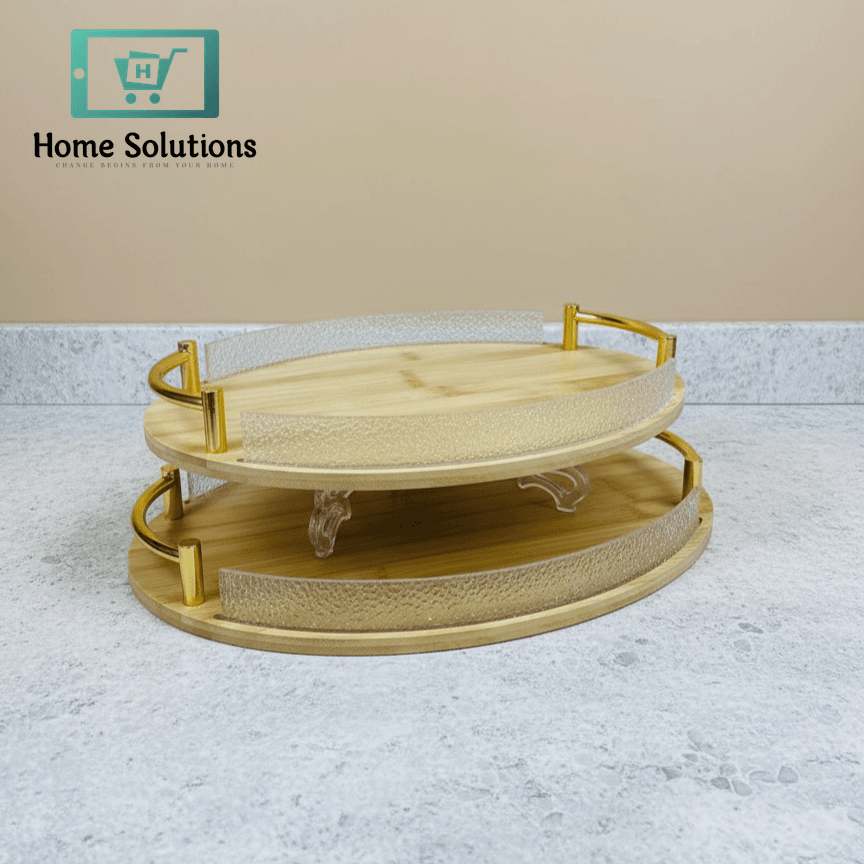 Two wooden tray with gold accents on a light gray surface.