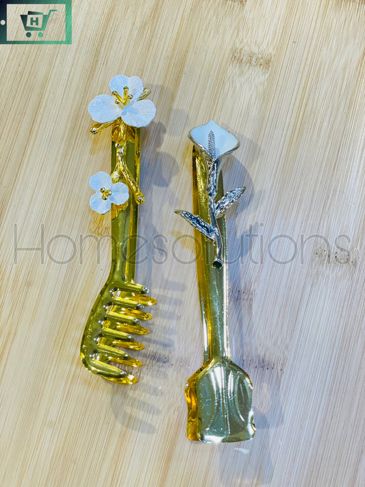 Golden Tong with Silver Floral Motifs Set of 2 Pieces