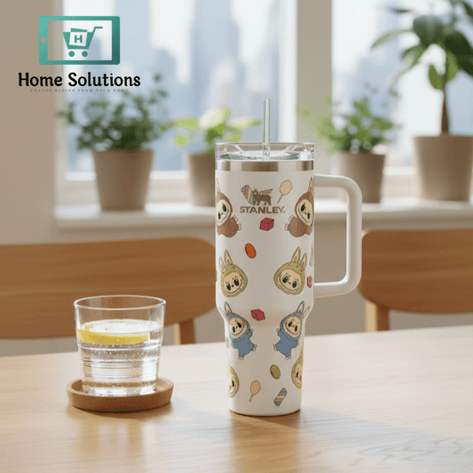 Tumbler with cartoon characters on a table with a glass of water and lemon slice, cityscape in the background