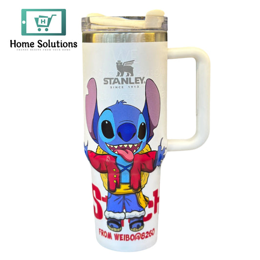 Stanley tumbler with Stitch character design on a white background