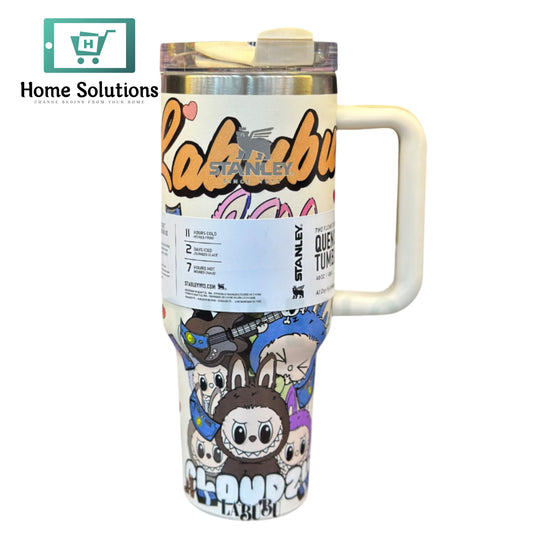 Stanley tumbler with labubu characters on a white background