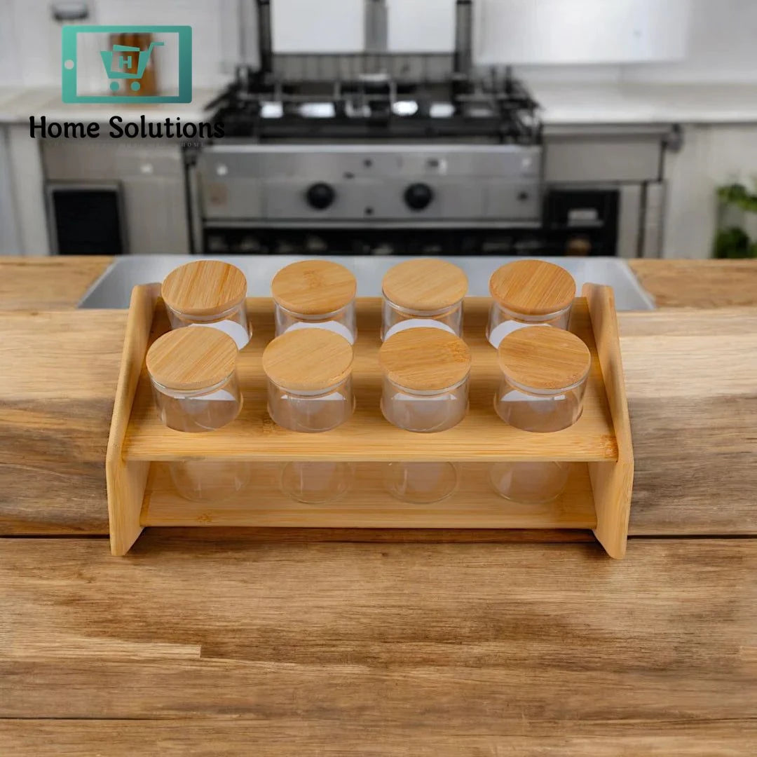 8-Piece Airlock Jar Organizer Set with Wooden Stand – Kitchen Storage Solution