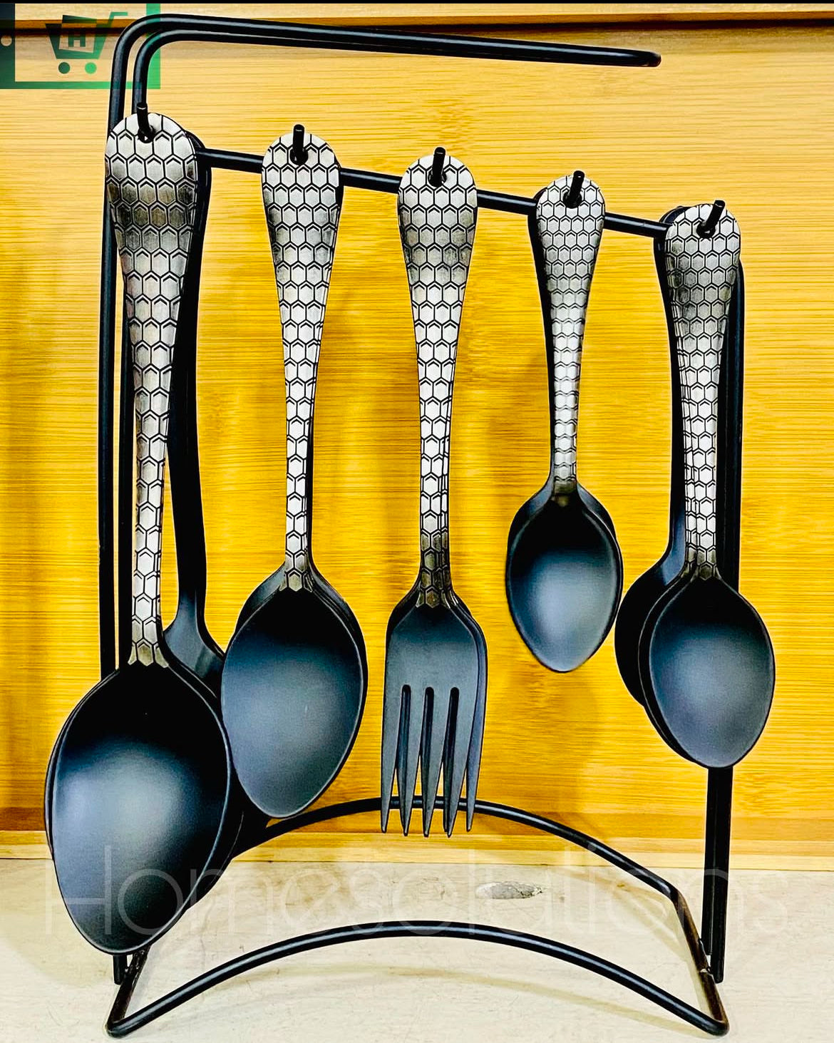 Matt Black Cutlery with Honey Bee Hive Laser Engraving & Stand