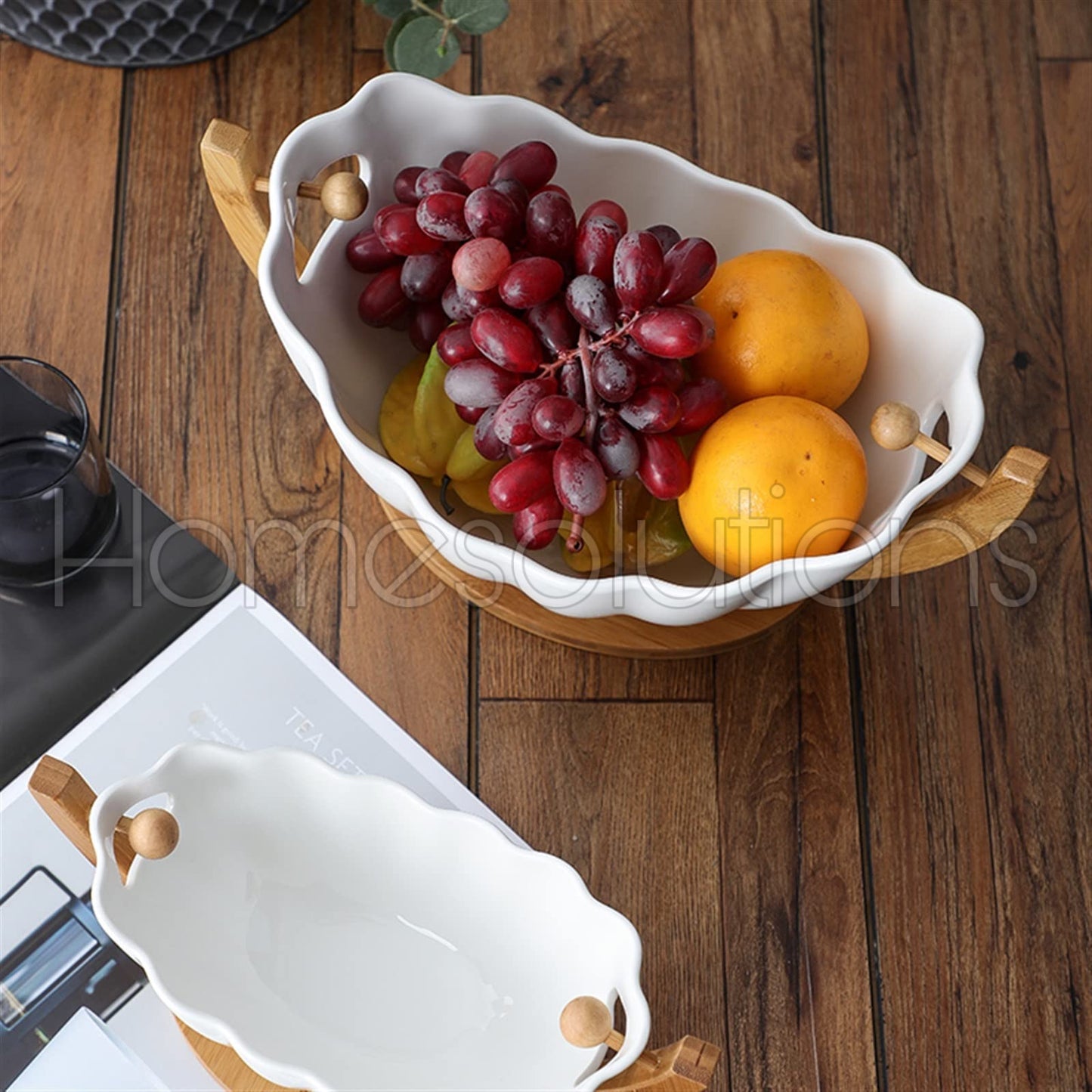 Ceramic Hanging Fruit Bowl With Bamboo Stand