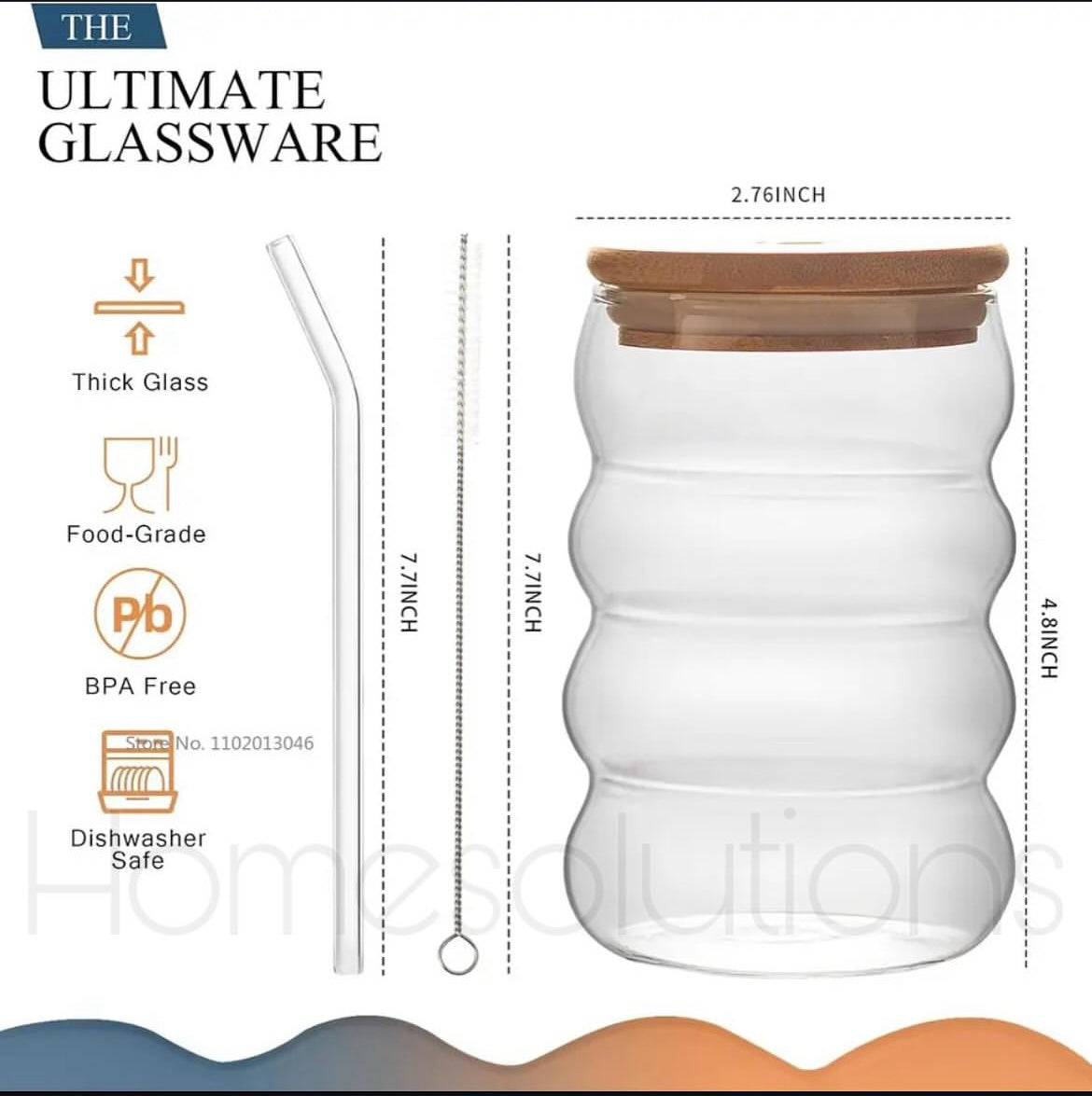 KEMORELA Wave Shape Glass with Organic Bamboo Top and Amber Glass Straw - 500ml