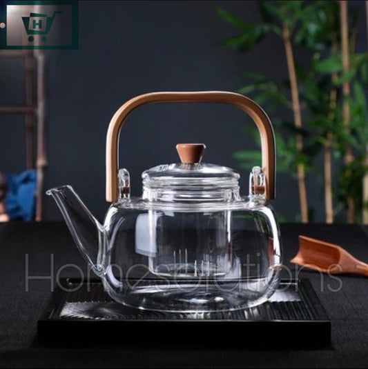 Borosilicate Glass Tea Kettle with Glass Infuser & Wooden Handle - 1000ml