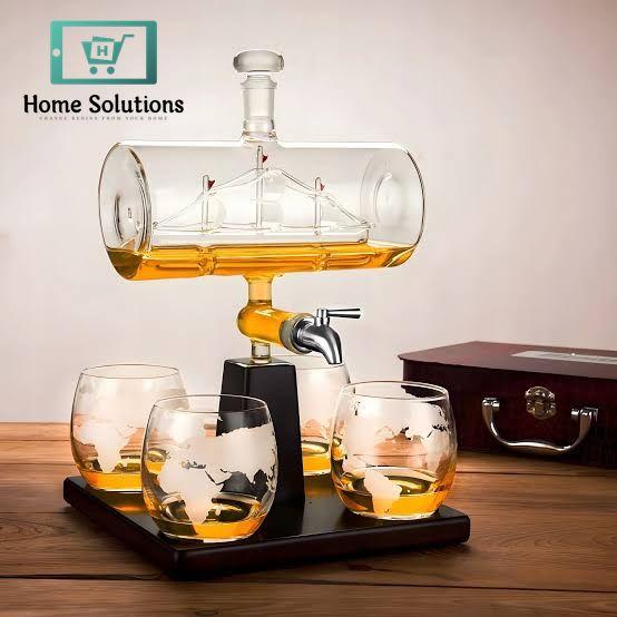 Sailing Ship Design 1000ml Whiskey Decanter Set With 4 Glasses And Beautiful Wooden Stand