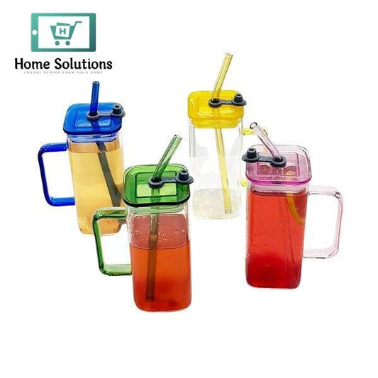 Square Handle Mug with Straw & Plastic Lid – Colorful Drinkware Cup
