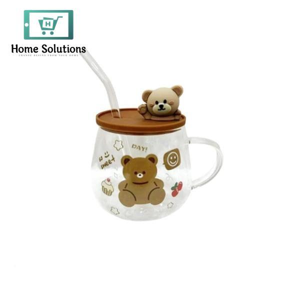 Bear Transparent Glass Mug with Lid & Glass Straw – Cute Drinkware Cup