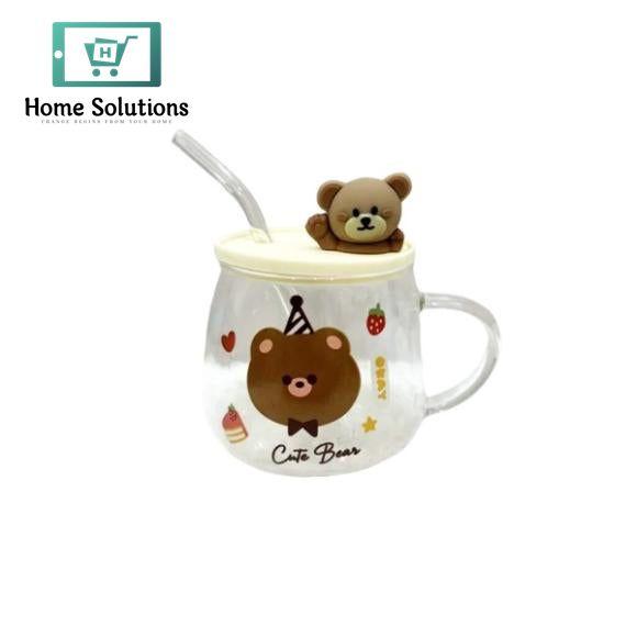 Bear Transparent Glass Mug with Lid & Glass Straw – Cute Drinkware Cup