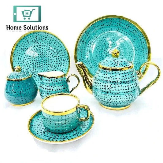Bone China Tea Set 24-Piece  – Hand-Painted Pattern for Elegant Serving (Pale Cyan)