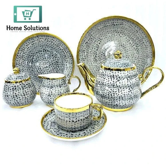 Bone China Tea Set 24-Piece  – Hand-Painted Pattern for Elegant Serving (Grey)