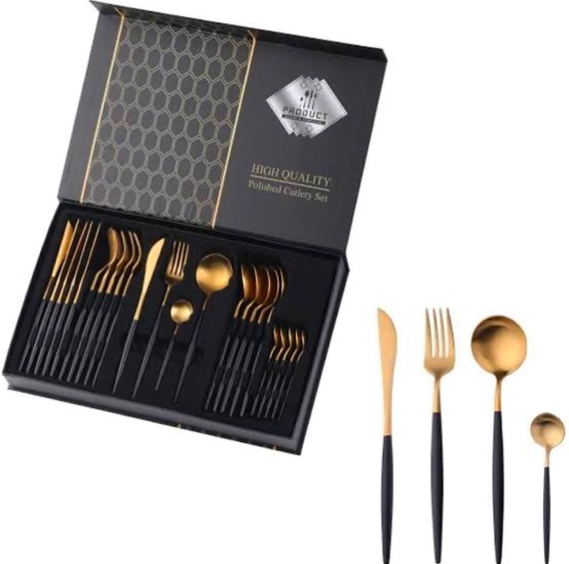 24 Piece Portuguese Cutlery Set - Black & Gold