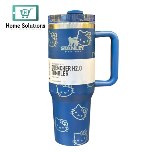 Blue Stanley tumbler with Hello Kitty designs on a white background