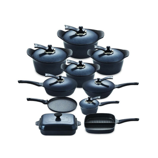 Arshia Granite Cast Aluminium Cookware Set - 18 Pieces - Grey