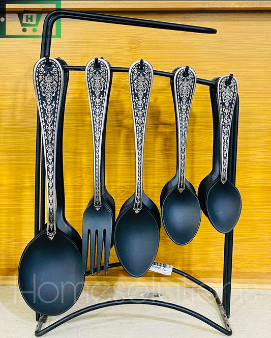 Matt Black Cutlery with Traditional Self Print Laser Engraving & Stand