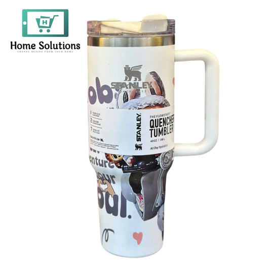 White insulated mug with handle featuring Stanley branding on a white background