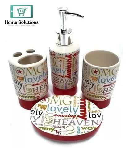 Bathroom accessory set with text design on a white background