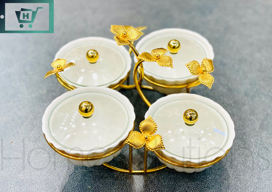 Aesthetic Golden Flowers 4 Compartment Dryfruit & Sweets Serving Stand