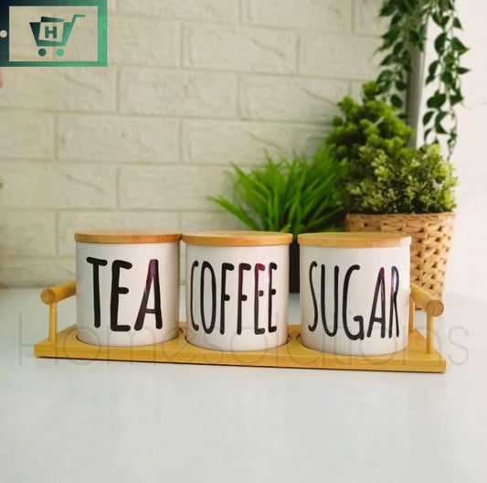 Tea, Coffee & Sugar Airtight Porcelain Jar Set with Bamboo Stand