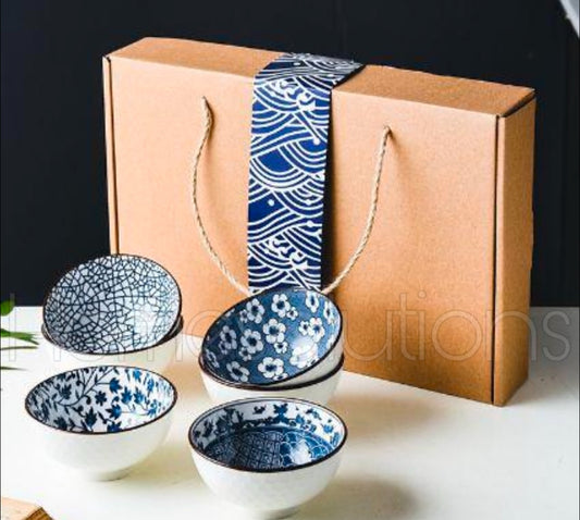 Japanese Style Blue Soup/Sweet Bowl Set of 6 with Gift Box Packing