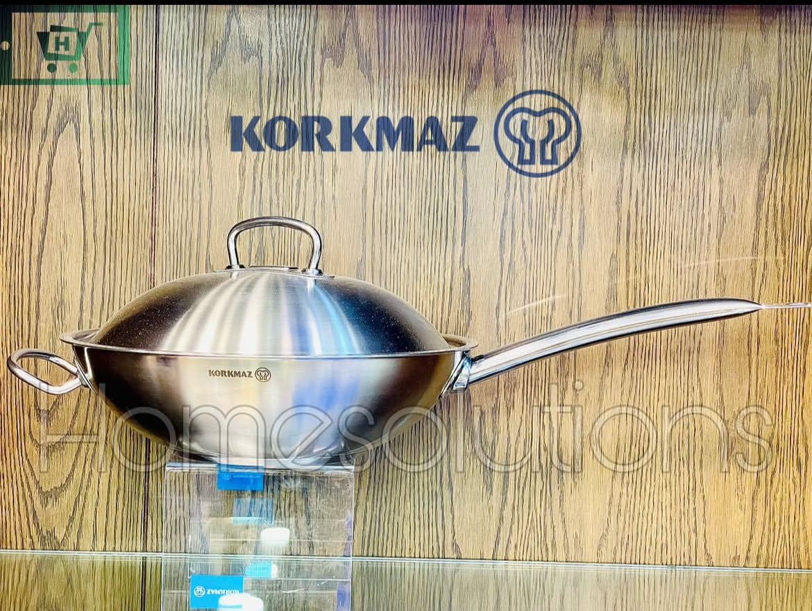 Korkmaz Proline Stainless Steel Chef Wok with Heavy Induction Bottom - 32cm