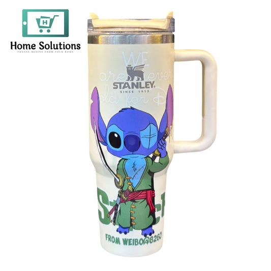 Stanley tumbler with Stitch character design on a white background